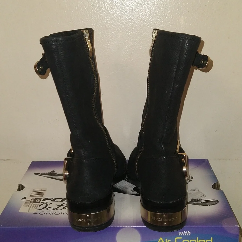 Vince Camuto Winchell Moto Mid Calf Black Leather Boots With Gold Tone Metal - Picture 4 of 6